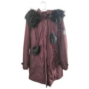 Madden Girl Winter Coat Womens Medium Burgundy Hooded Snow Jacket Faux Fur Trim